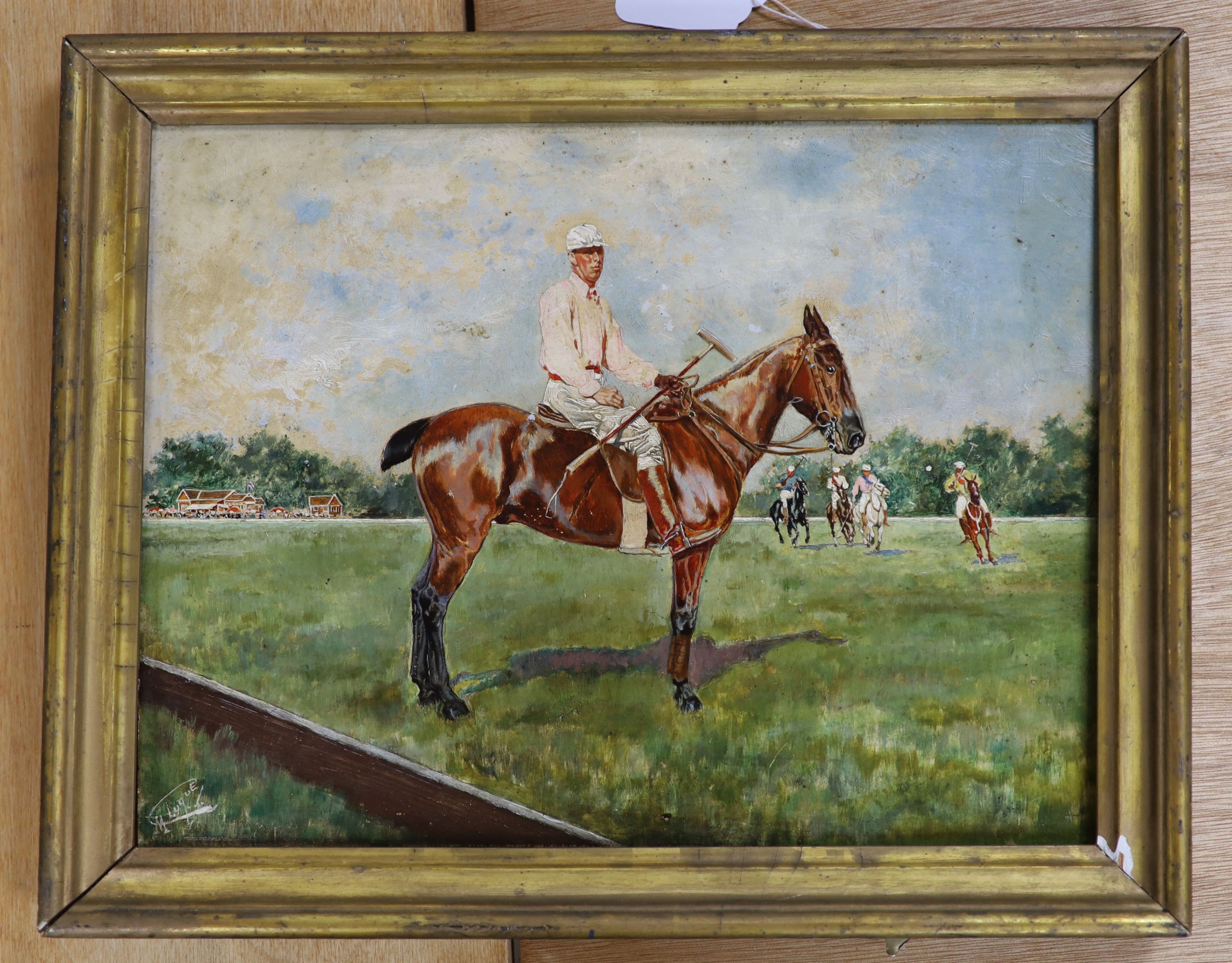 Manuel Luque (Spanish, 1853 – 1912) oil on wooden panel, portrait of a polo player, in full profile before distant players and buildings, signed, 26 x 34 cm.